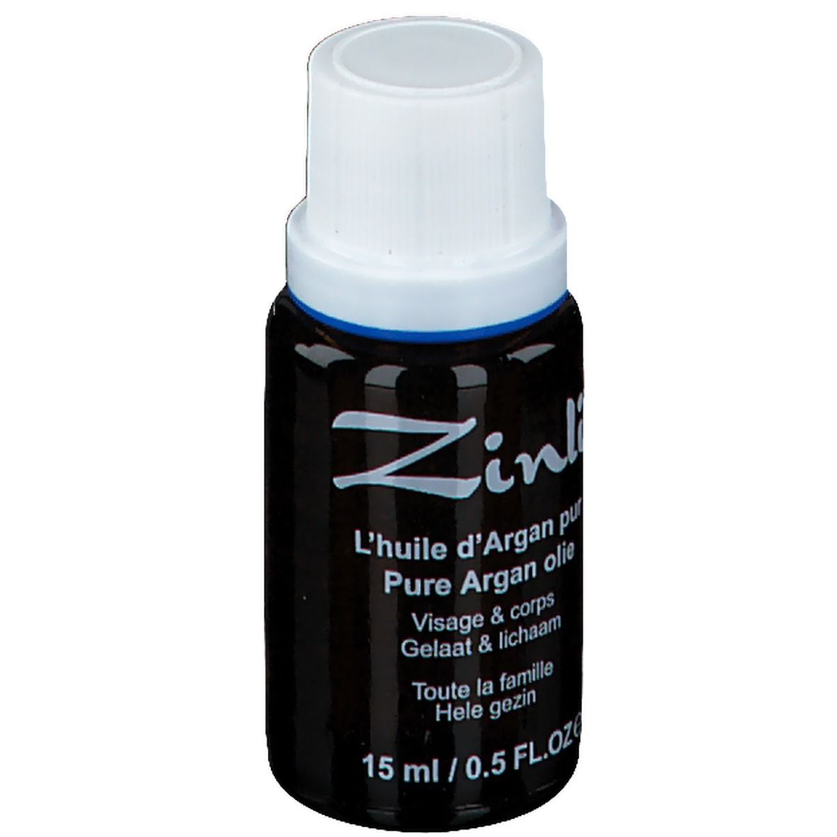 Flacon marron avec bouchon blanc. Inscription: Zinli, L'huile d'Argan pur, 15 ml/0.5 FL.OZE.