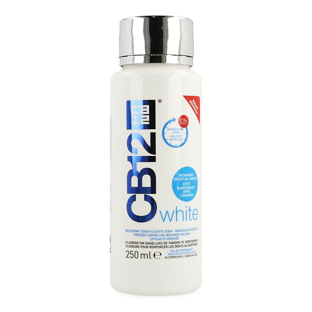 Witte fles CB12 White met zilveren dop. 250 ml. Opschrift: Whitening effect. Zonder alcohol.