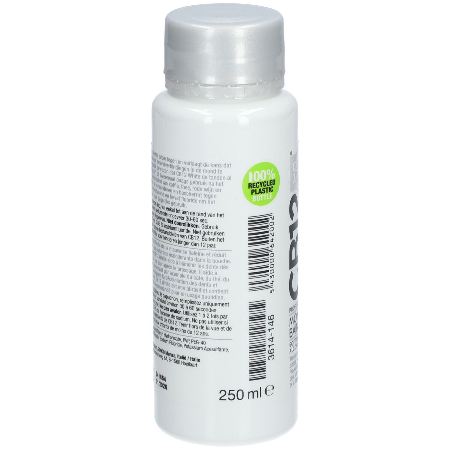 Achterkant van de witte CB12 fles. Tekst en barcode. 250 ml. 100% gerecycled plastic.