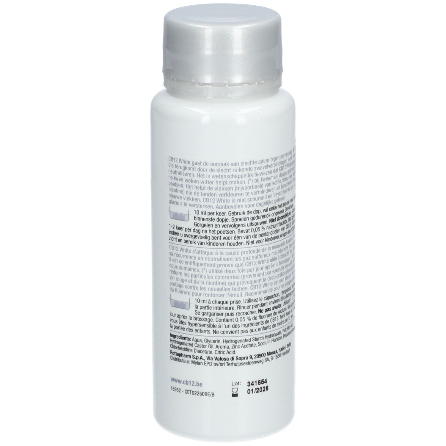 Achterkant van de witte CB12 fles. Tekst. 250 ml. Houdbaar tot: 01/2026.