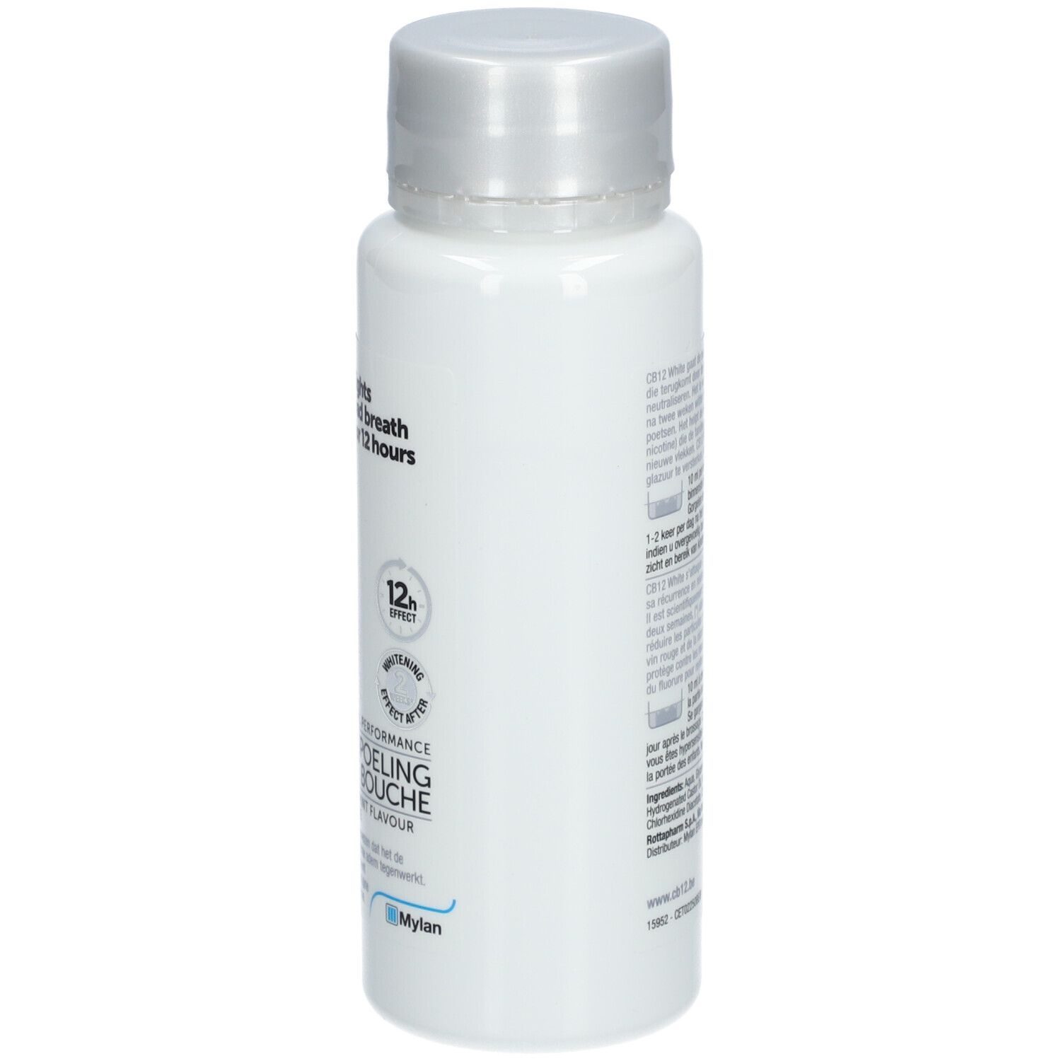 Witte fles CB12 met witte dop. Opschrift: fights bad breath for 12 hours. Whitening effect.