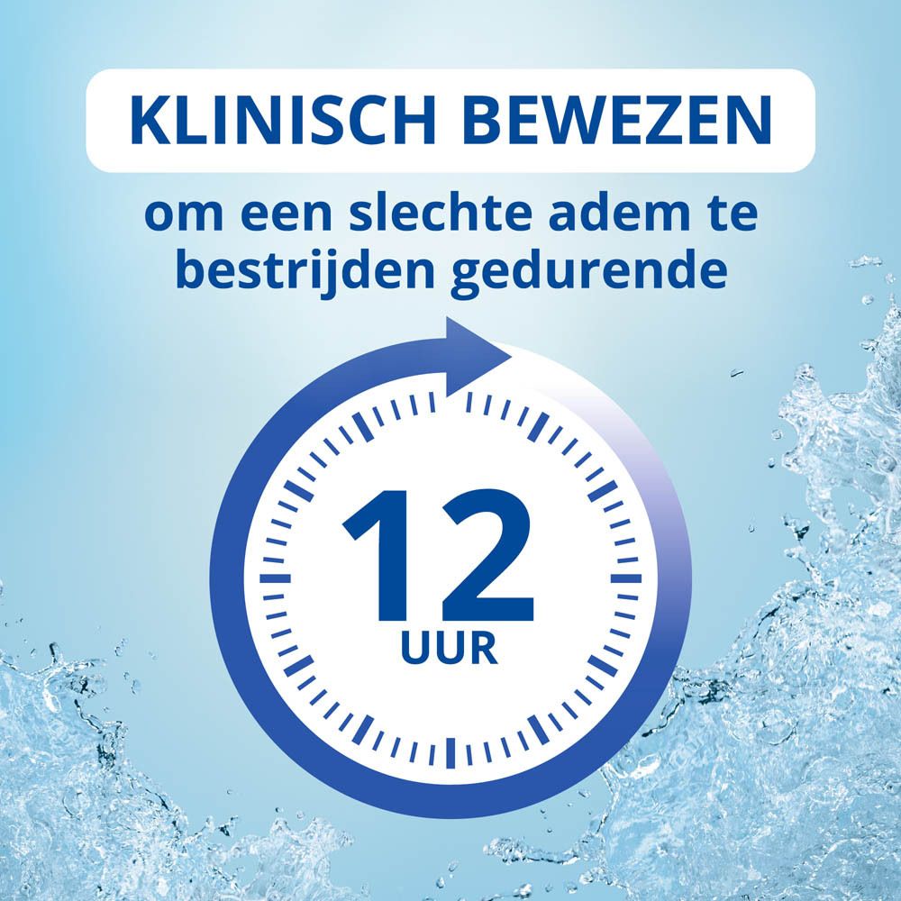 Blauw beeld met tekst: Klinisch bewezen. Om een slechte adem te bestrijden gedurende 12 uur.