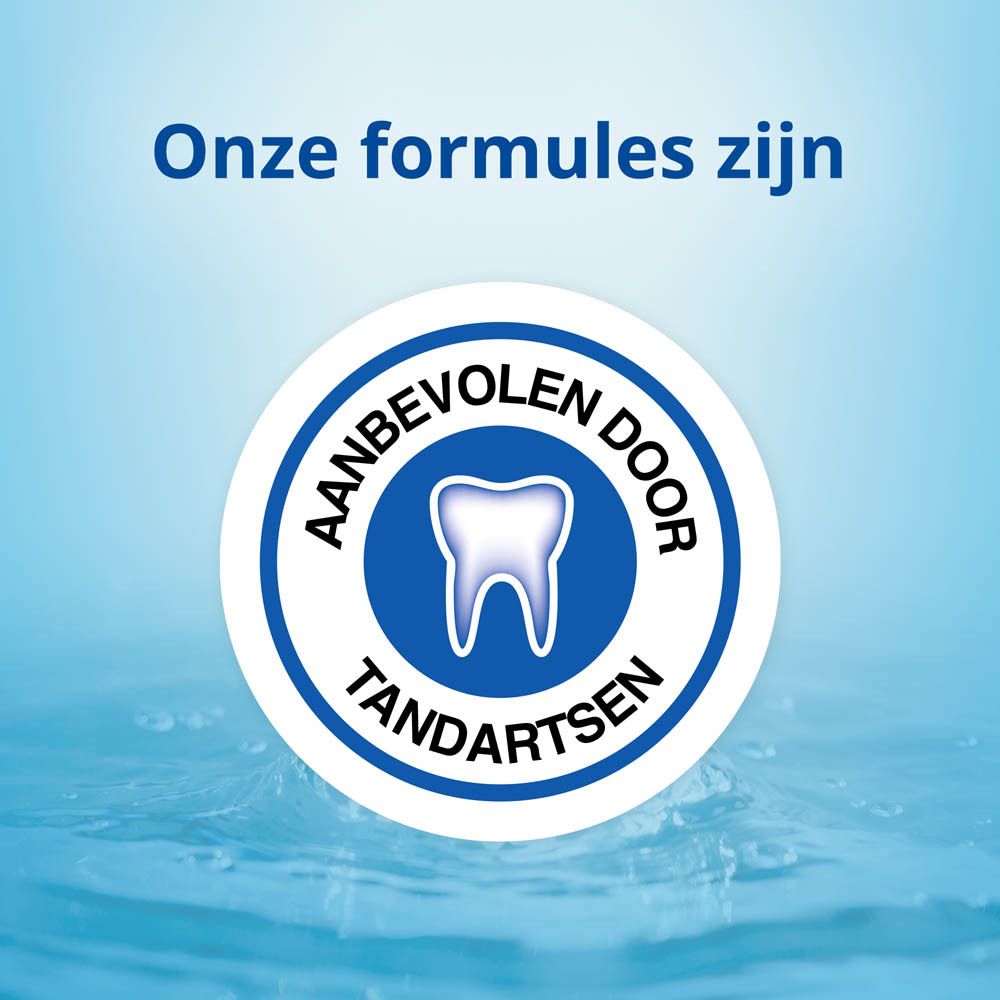 Blauw beeld met tekst: Onze formules zijn aanbevolen door tandartsen. Tand symbool.