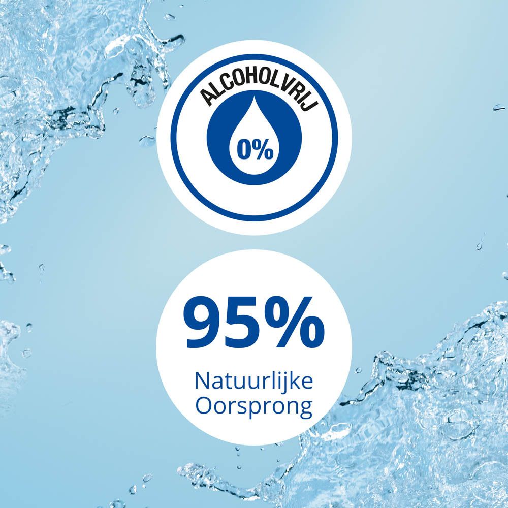 Blauw beeld. Tekst: Alcoholvrij 0%. 95% Natuurlijke Oorsprong.