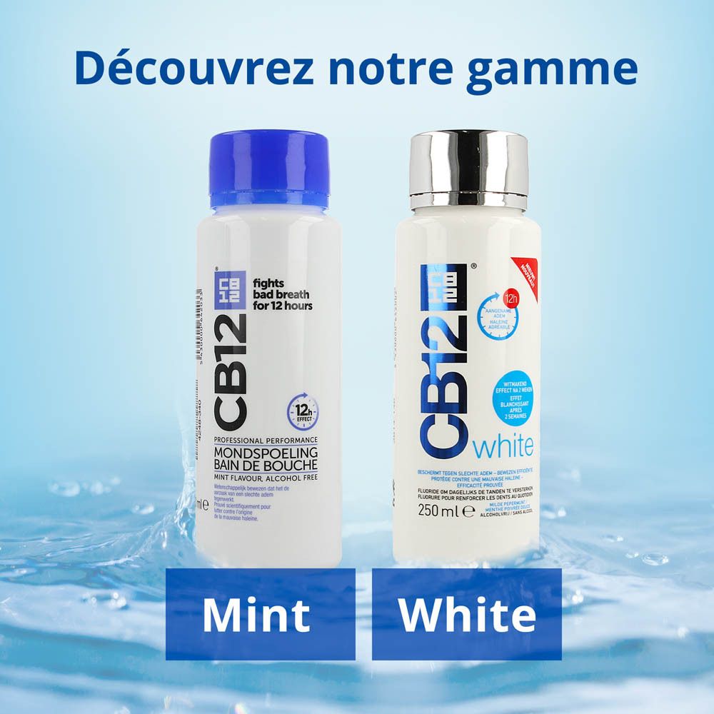 Deux flacons CB12 : Mint et White. Inscription : fights bad breath for 12 hours. 250 ml.