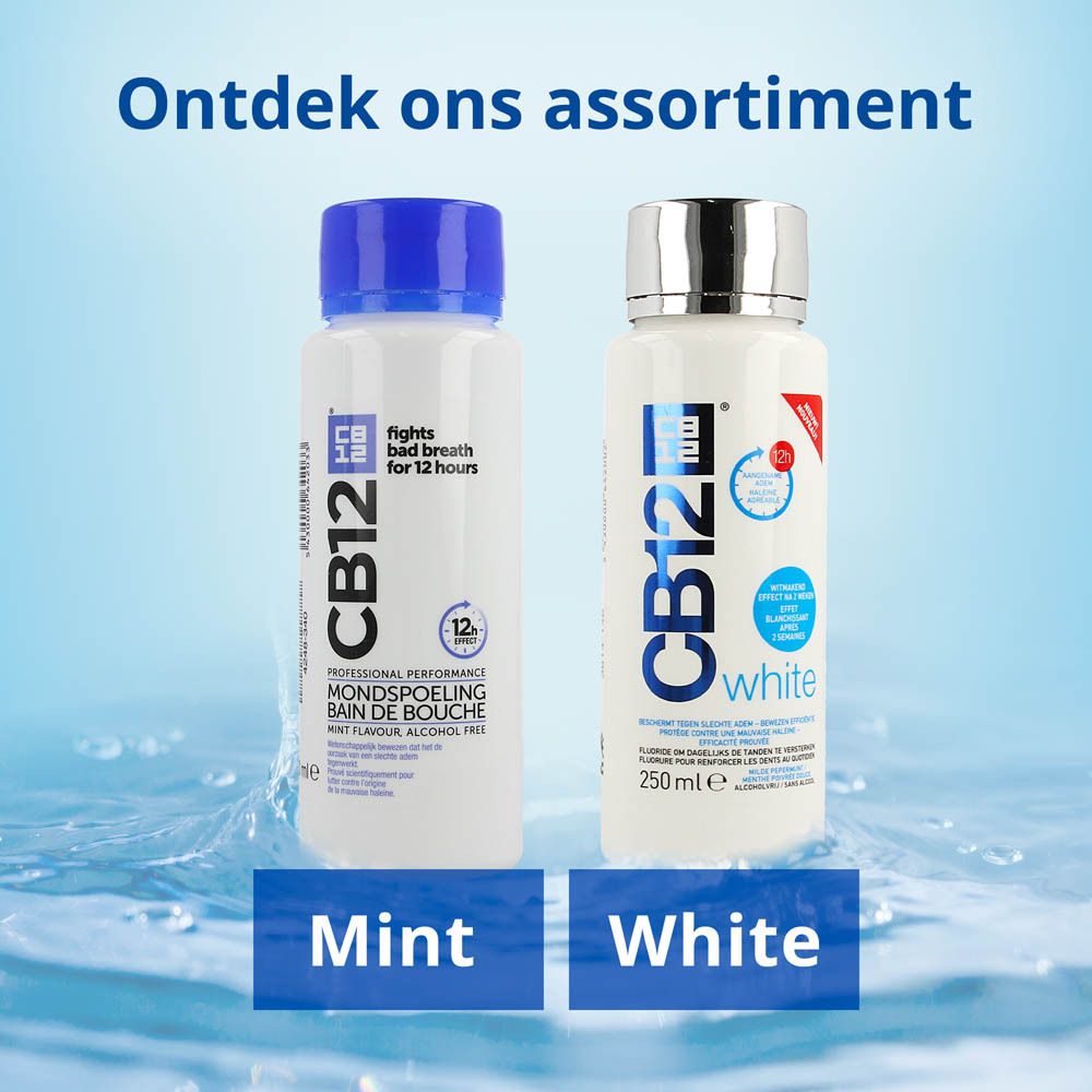 Twee flessen CB12: Mint en White. Opschrift: fights bad breath for 12 hours. 250 ml.