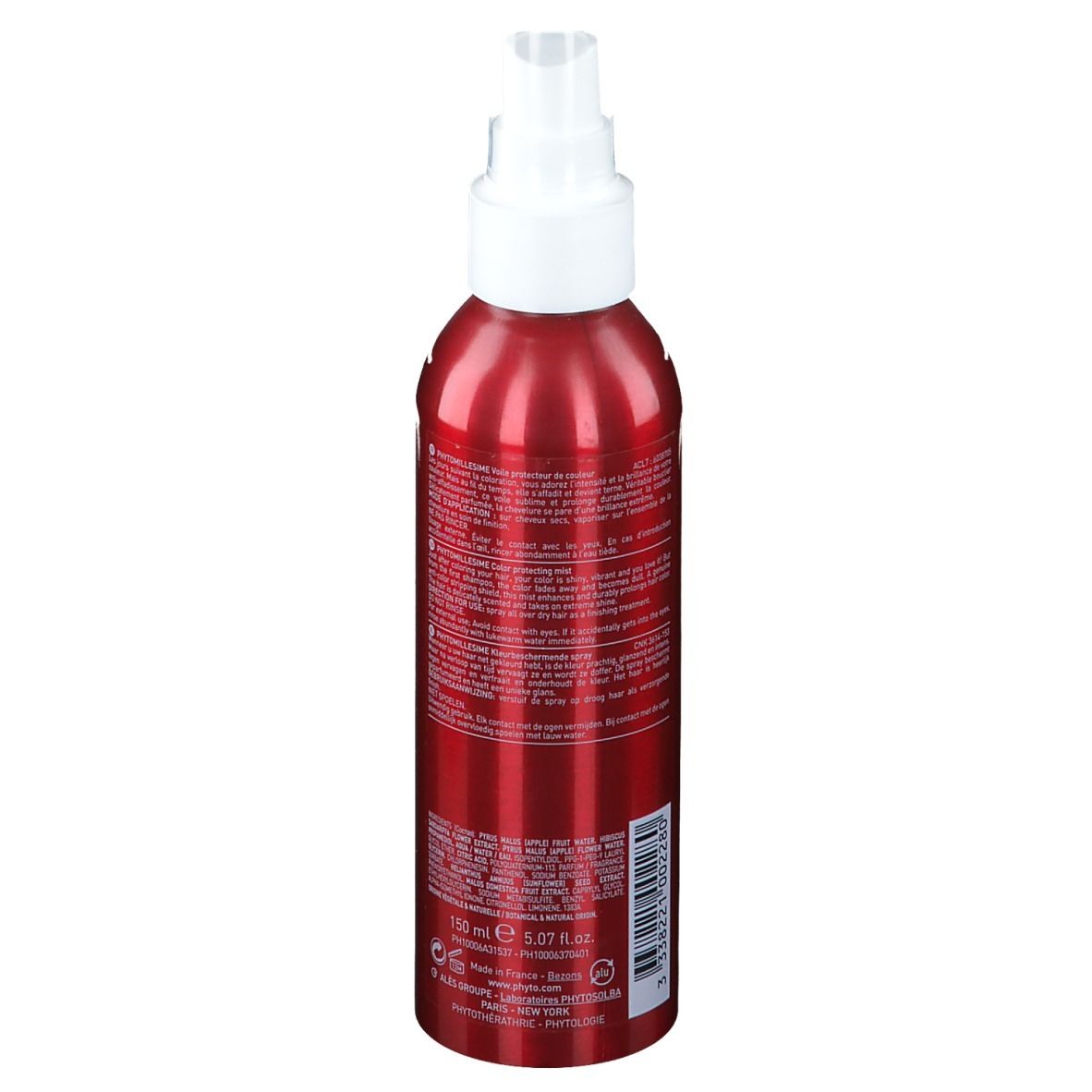 Dos du flacon spray rouge. Texte multilingue. Code-barres et indication de volume: 150 ml.