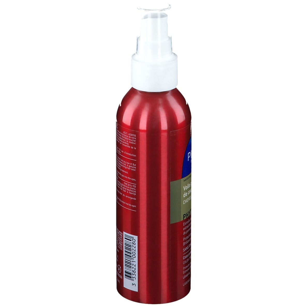 Flacon spray rouge avec pompe blanche. Inscription: PHYTOMILLESIME. Code-barres et texte.