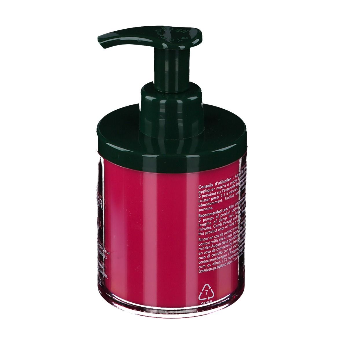 Flacon rond avec pompe. Liquide rouge, couvercle vert foncé. Texte au dos. Symbole de recyclage.