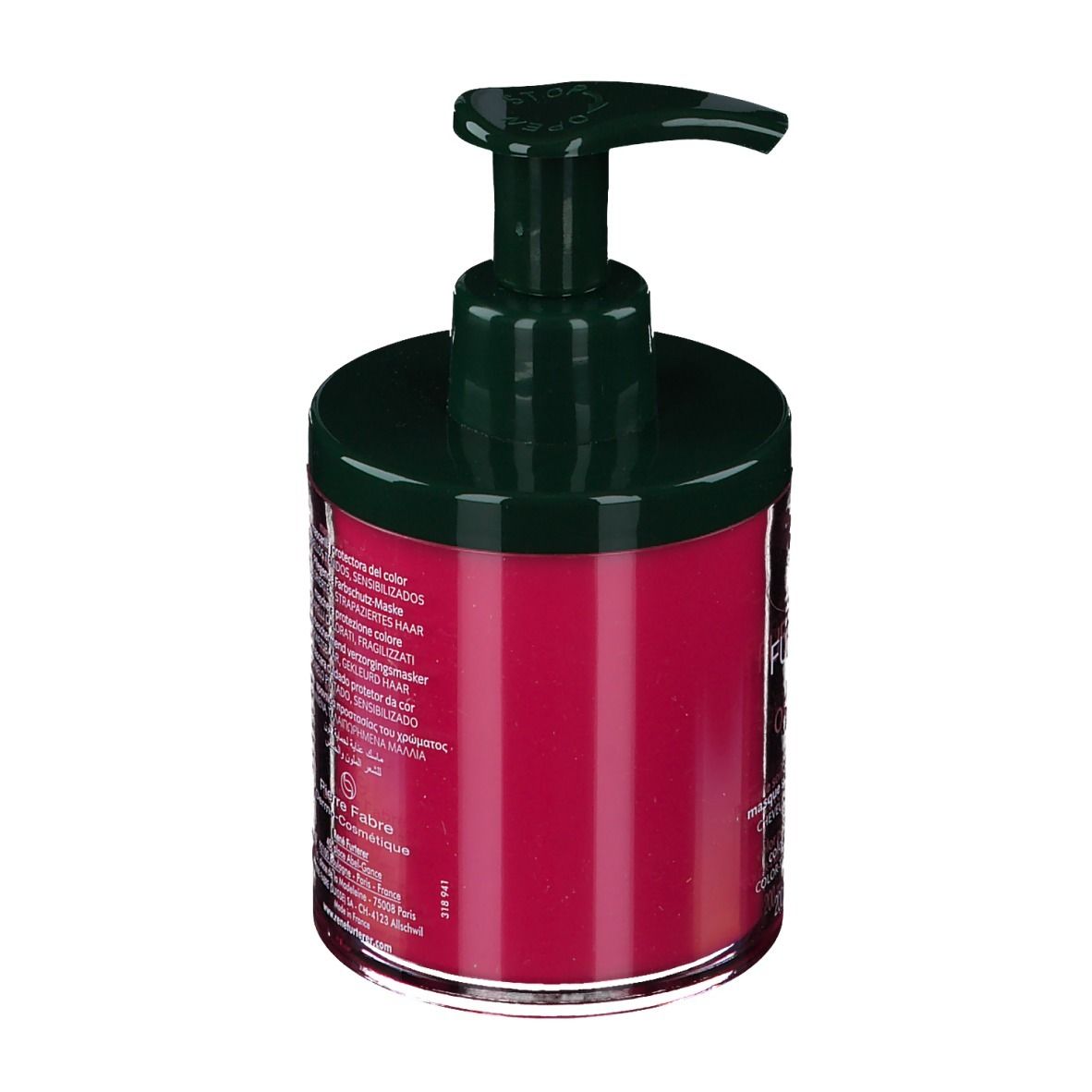 Flacon rond avec pompe. Liquide rouge, couvercle vert foncé. Texte au dos. Logo Pierre Fabre.