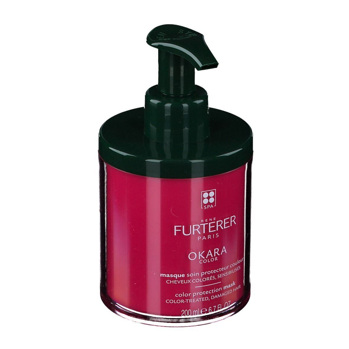 Flacon rond avec pompe. Liquide rouge, couvercle vert foncé. Inscription : Okara Color, Color Protection Mask.