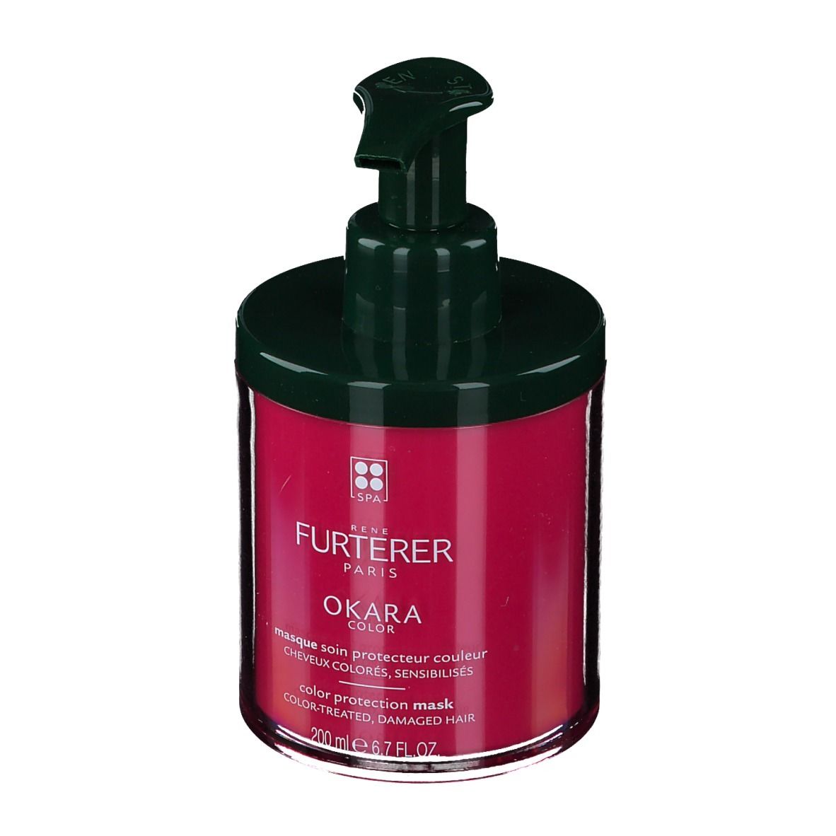 Flacon rond avec pompe. Liquide rouge, couvercle vert foncé. Inscription : Okara Color, Color Protection Mask.