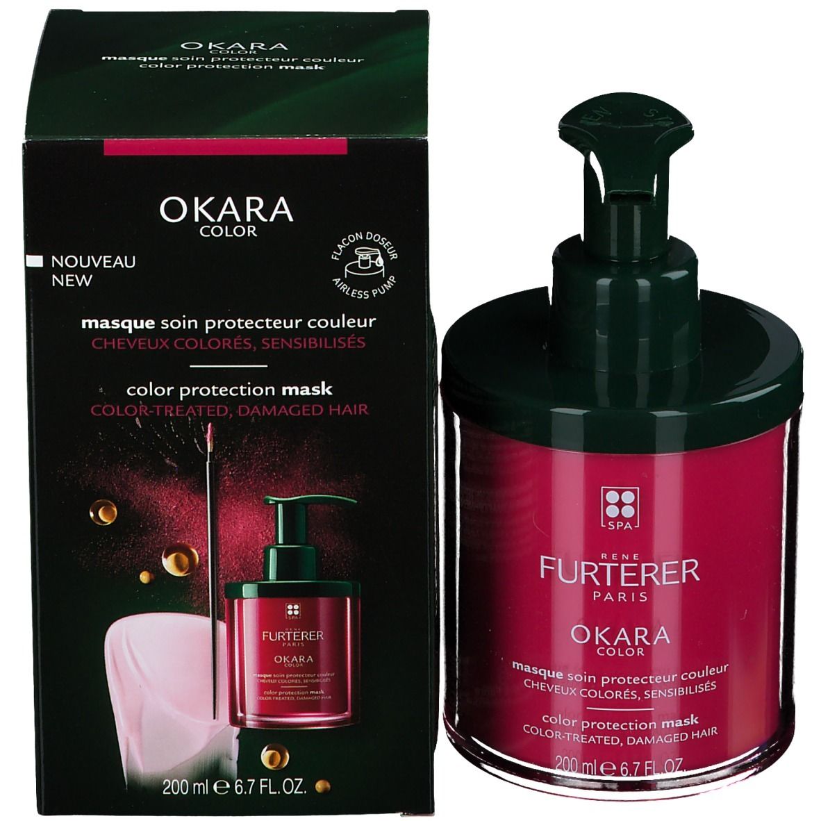 Emballage du produit avec flacon et carton. Flacon avec pompe, liquide rouge. Carton avec image et texte du produit.