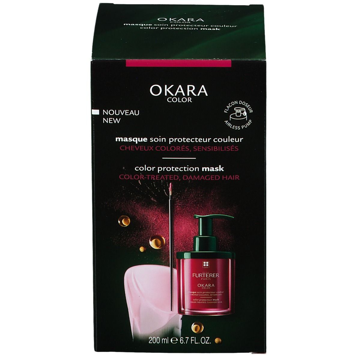 Emballage du produit avec flacon et carton. Flacon avec pompe, liquide rouge. Carton avec image et texte du produit.