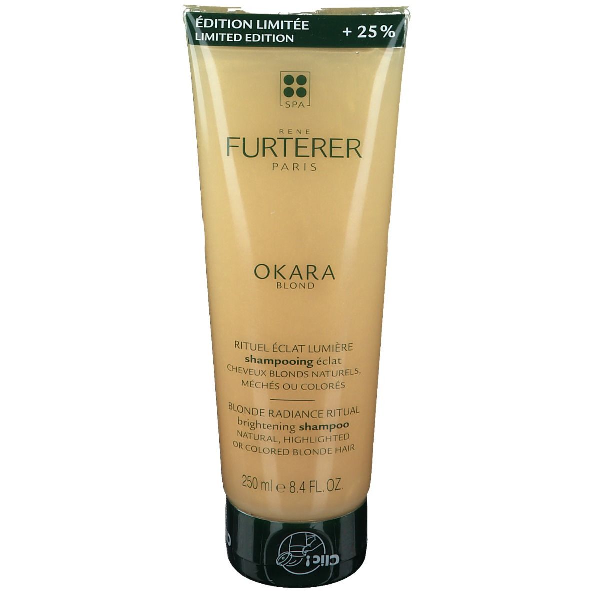 Tube beige "RENE FURTERER OKARA". Texte "Shampooing éclat" et "Blond". Inscription "Édition limitée" et "+25%".