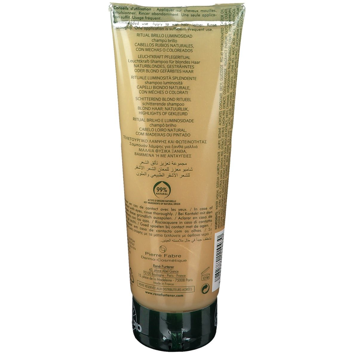 Dos d'un tube. Texte multilingue. Logo "99% Natural". Logo fabricant "Pierre Fabre".