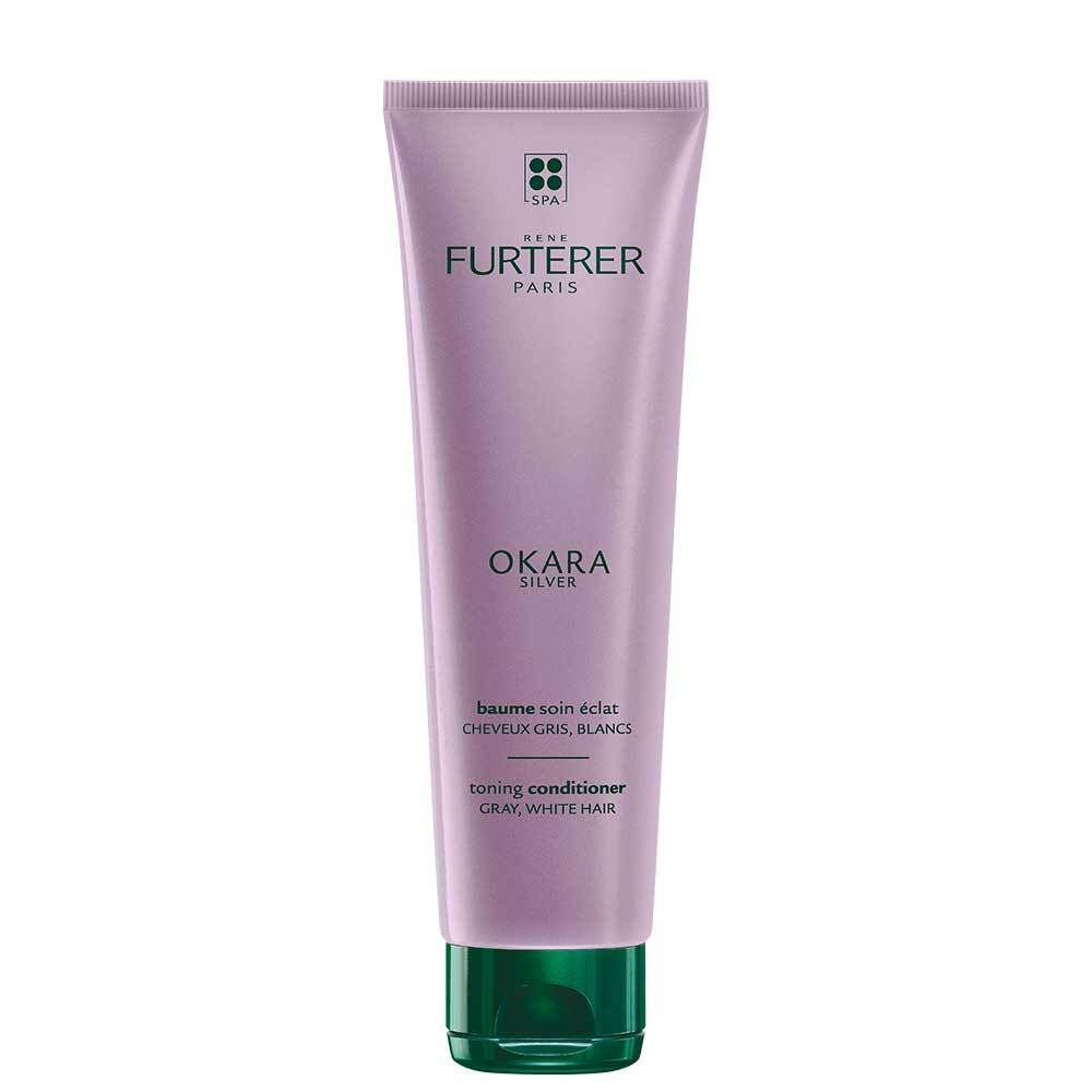 Tube de baume. Marque: René Furterer. Produit: Okara Silver. Couleur: Lilas. Bouchon vert. Texte: Toning Conditioner pour cheveux gris/blancs.