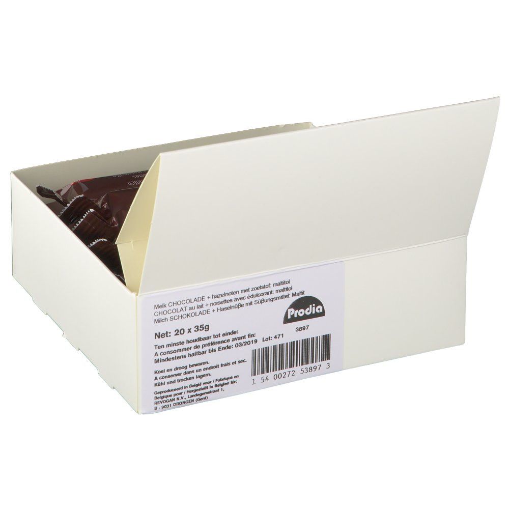 Open witte doos met chocoladerepen. Sticker met tekst en barcode. Merk: Prodia.