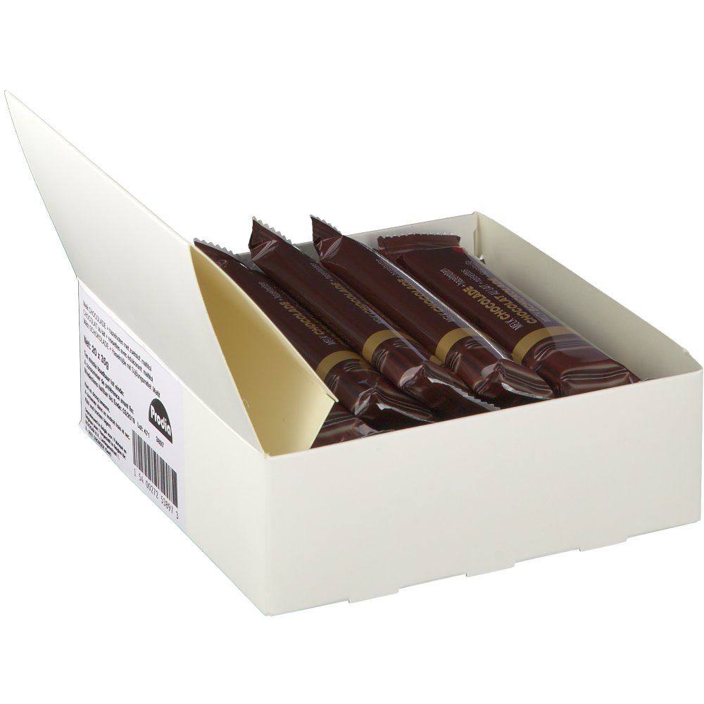 Open witte doos met chocoladerepen in bruine verpakking. Merk: Prodia.
