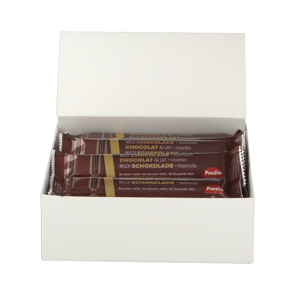 Open witte doos met chocoladerepen in bruine verpakking. Merk: Prodia.