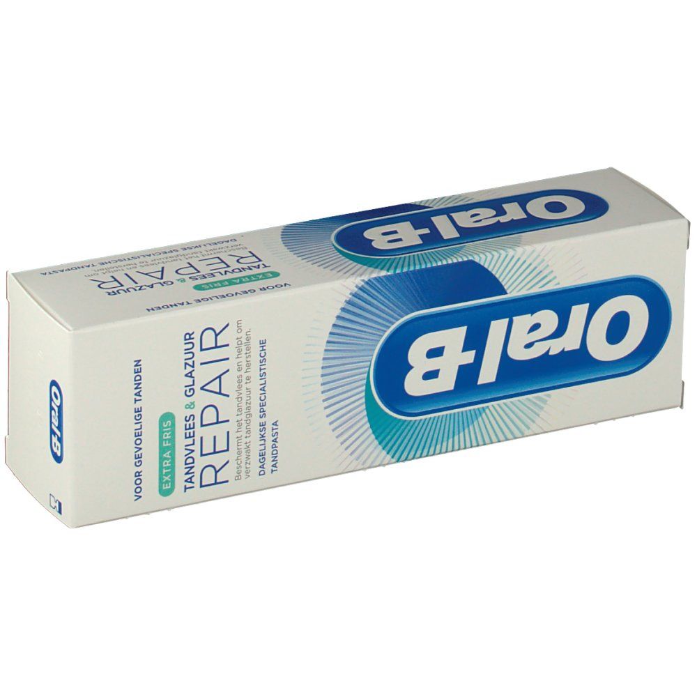 Emballage de dentifrice. Blanc, bleu. Inscriptions: Oral-B, REPAIR, pour dents sensibles. Extra fraîcheur.