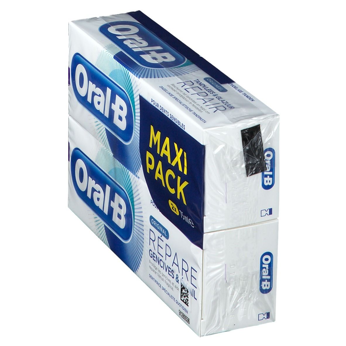 Twee verpakkingen tandpasta, verpakt in folie. Opschrift: Oral-B, Maxi Pack, Herstelt tandvlees & glazuur.