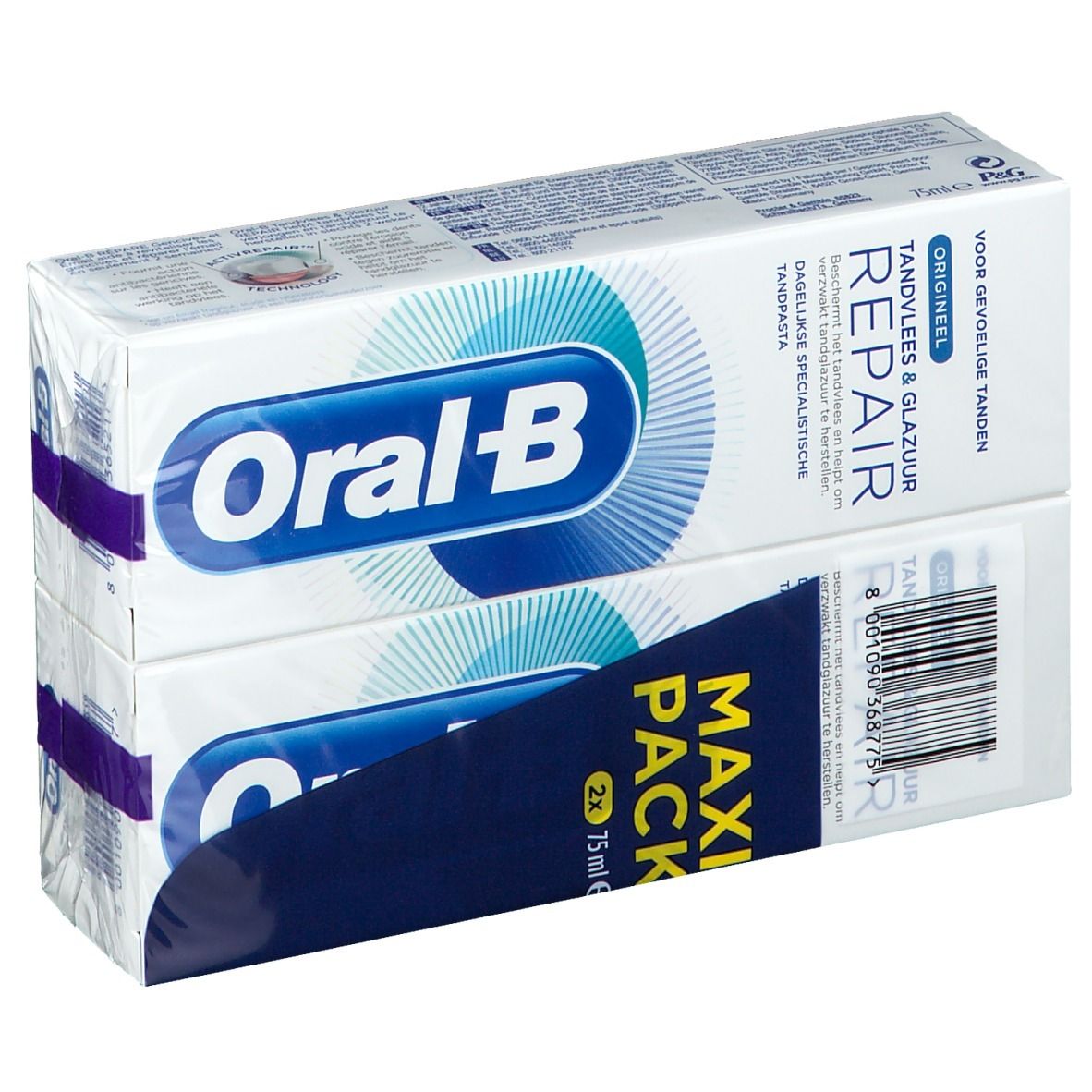 Twee verpakkingen tandpasta, verpakt. Opschrift: Oral-B, Maxi Pack, Herstelt tandvlees & glazuur. Voor gevoelige tanden.