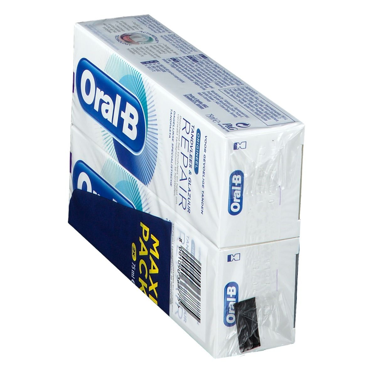 Twee verpakkingen tandpasta, verpakt. Opschrift: Oral-B, Maxi Pack, Herstelt tandvlees & glazuur. Voor gevoelige tanden.