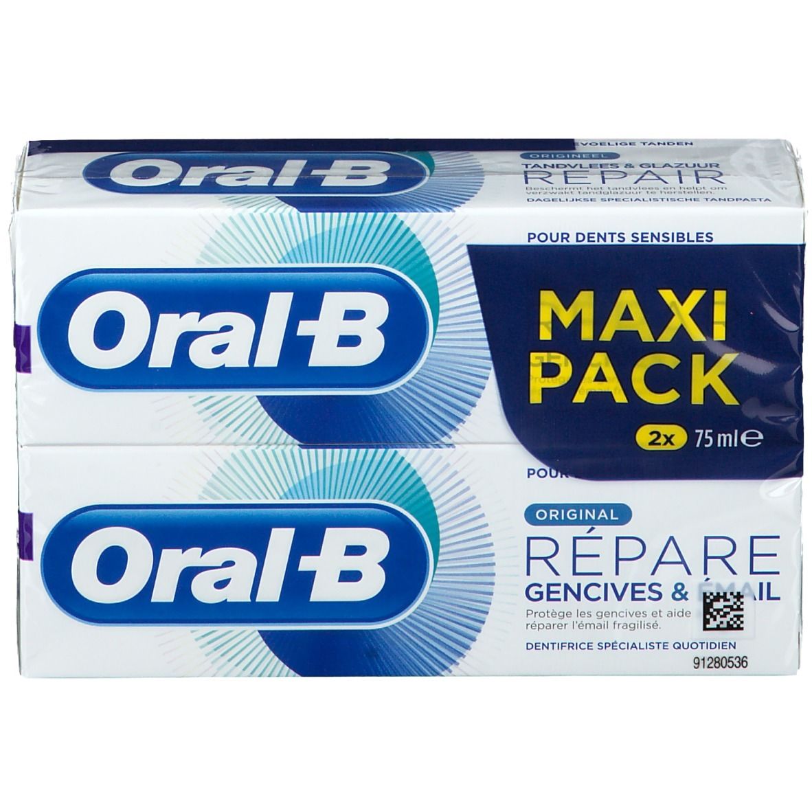 Twee verpakkingen tandpasta, verpakt. Opschrift: Oral-B, Maxi Pack, Herstelt tandvlees & glazuur. Voor gevoelige tanden.