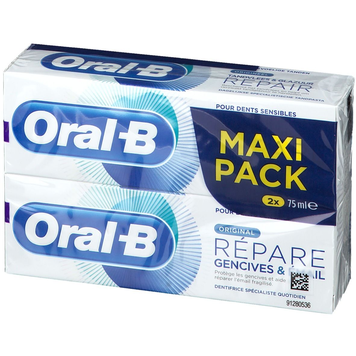 Twee verpakkingen tandpasta, verpakt. Opschrift: Oral-B, Maxi Pack, Herstelt tandvlees & glazuur. Voor gevoelige tanden.