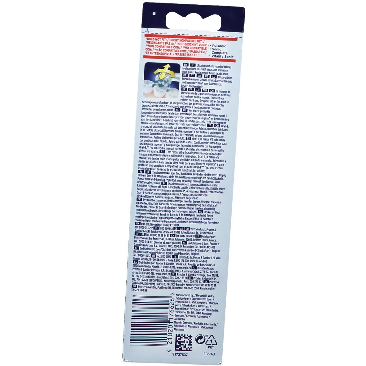 Verpackung mit Text. Oben blau, mit Aufhängeloch. Enthält Informationen in mehreren Sprachen, darunter Deutsch.
