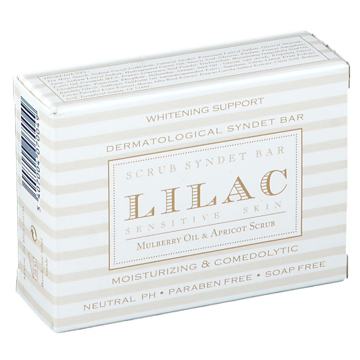 Zeepdoos. Opschrift: LILAC Sensitive Skin, Mulberry Oil & Apricot Scrub. Streepjespatroon, wit en lichtbeige.