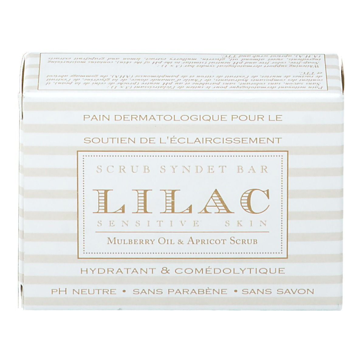 Zeepdoos. Opschrift: LILAC Sensitive Skin, Mulberry Oil & Apricot Scrub. Streepjespatroon, wit en lichtbeige.