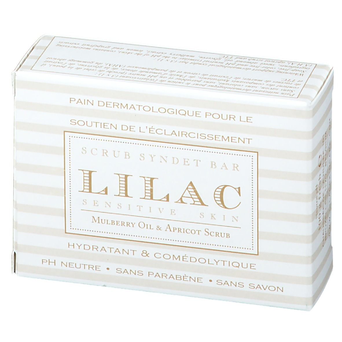 Zeepdoos. Opschrift: LILAC Sensitive Skin, Mulberry Oil & Apricot Scrub. Streepjespatroon, wit en lichtbeige.