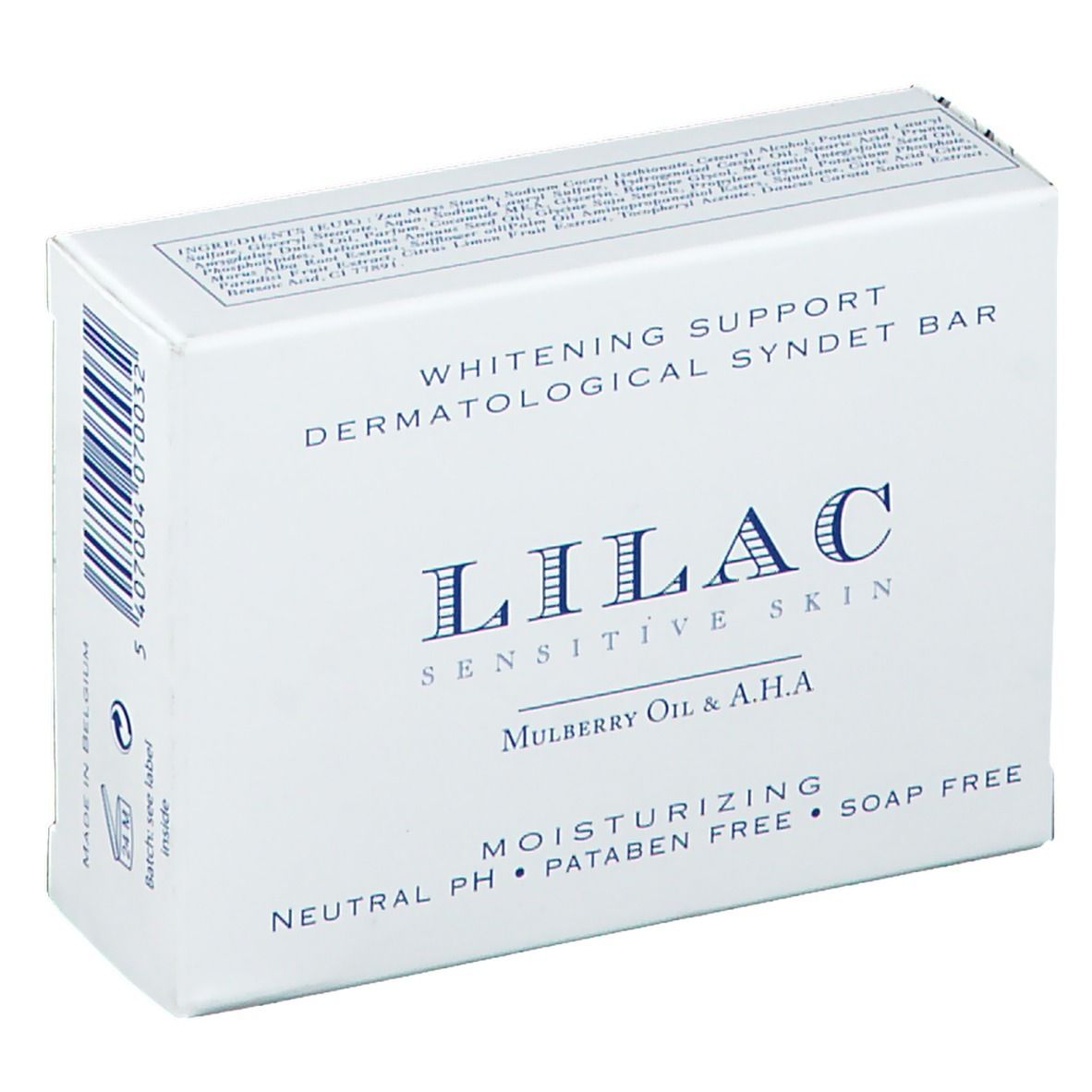 Witte doos met productinformatie. Opschrift: LILAC Sensitive Skin, Moerbei-olie & AHA. Tekst in het Engels.