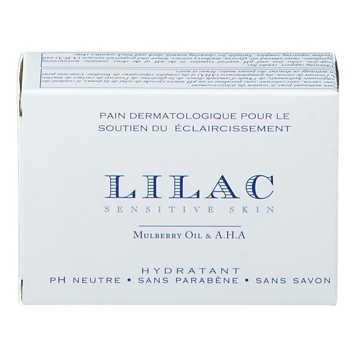 Witte doos met productinformatie. Opschrift: LILAC Sensitive Skin, Moerbei-olie & AHA. Tekst in het Frans.