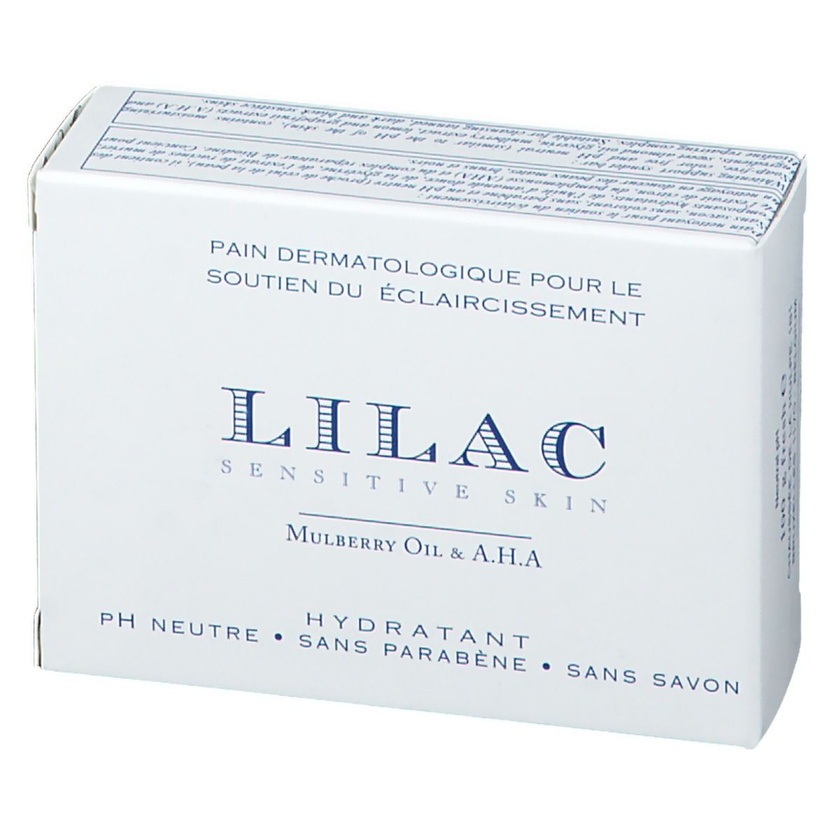 Witte doos met productinformatie. Opschrift: LILAC Sensitive Skin, Moerbei-olie & AHA. Tekst in het Frans.