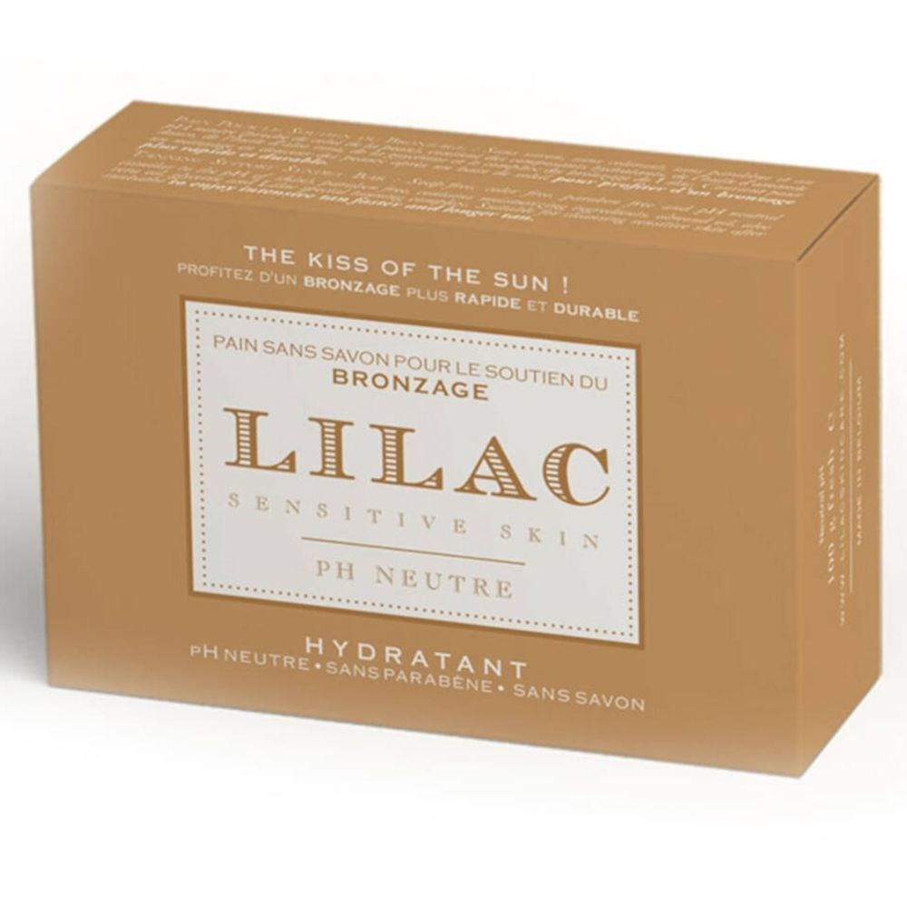 Boîte en carton LILAC Sensitive Skin pH Neutre. Texte: Hydratant, sans parabène, sans savon. Inscription: Le baiser du soleil !