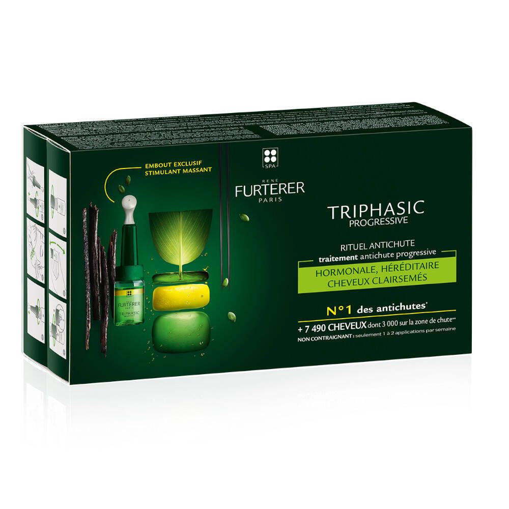 Groene verpakking met productafbeelding en tekst. Bevat het product Triphasic Progressive Pflegeritual bei Haarausfall.