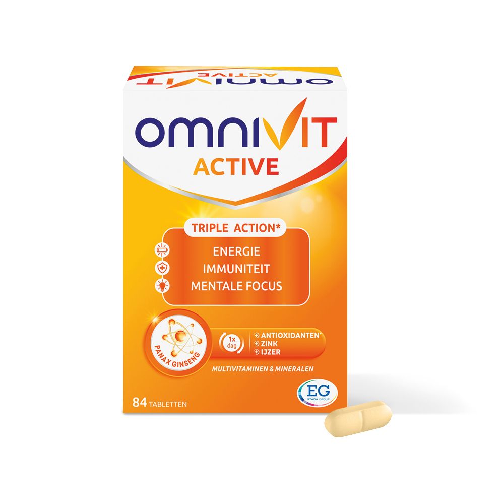 OmniVit Active-verpakking met een tablet. Oranje-witte doos met productnaam en 'Triple Action'. Sanofi-logo.