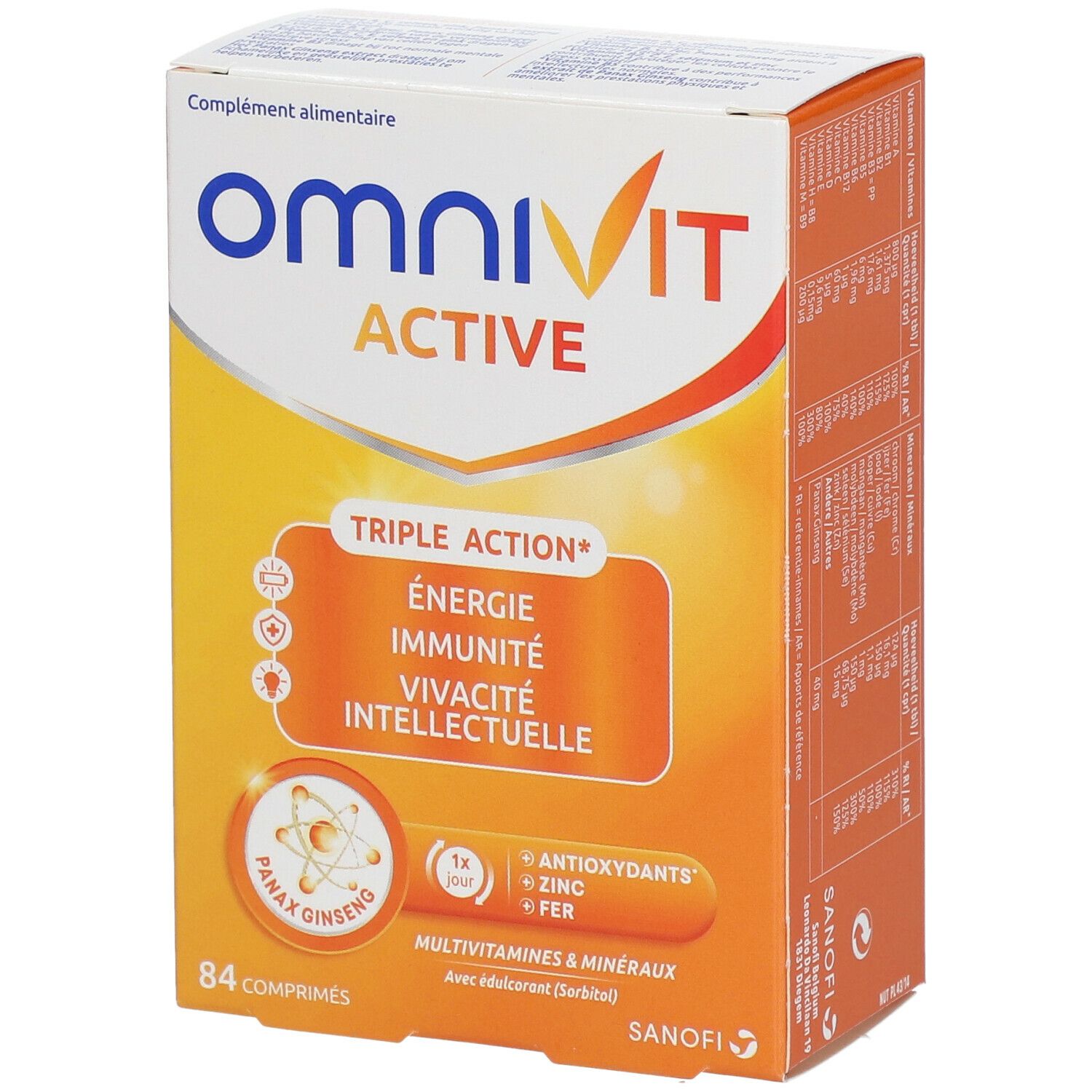 OmniVit Active-verpakking. Oranje-witte doos met productnaam en 'Triple Action'. Bevat 84 tabletten. Sanofi-logo.