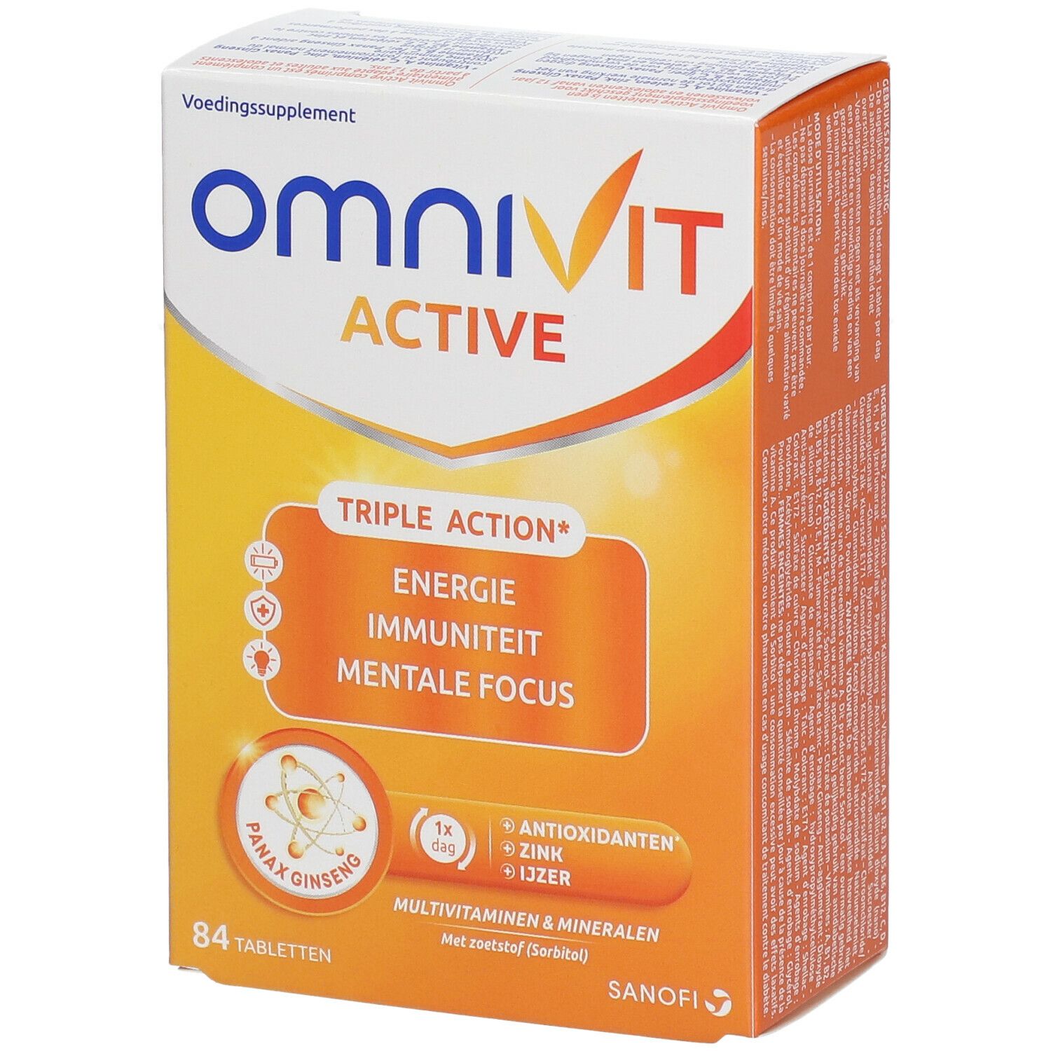 OmniVit Active-verpakking. Oranje-witte doos met productnaam en 'Triple Action'. Bevat 84 tabletten. Sanofi-logo.