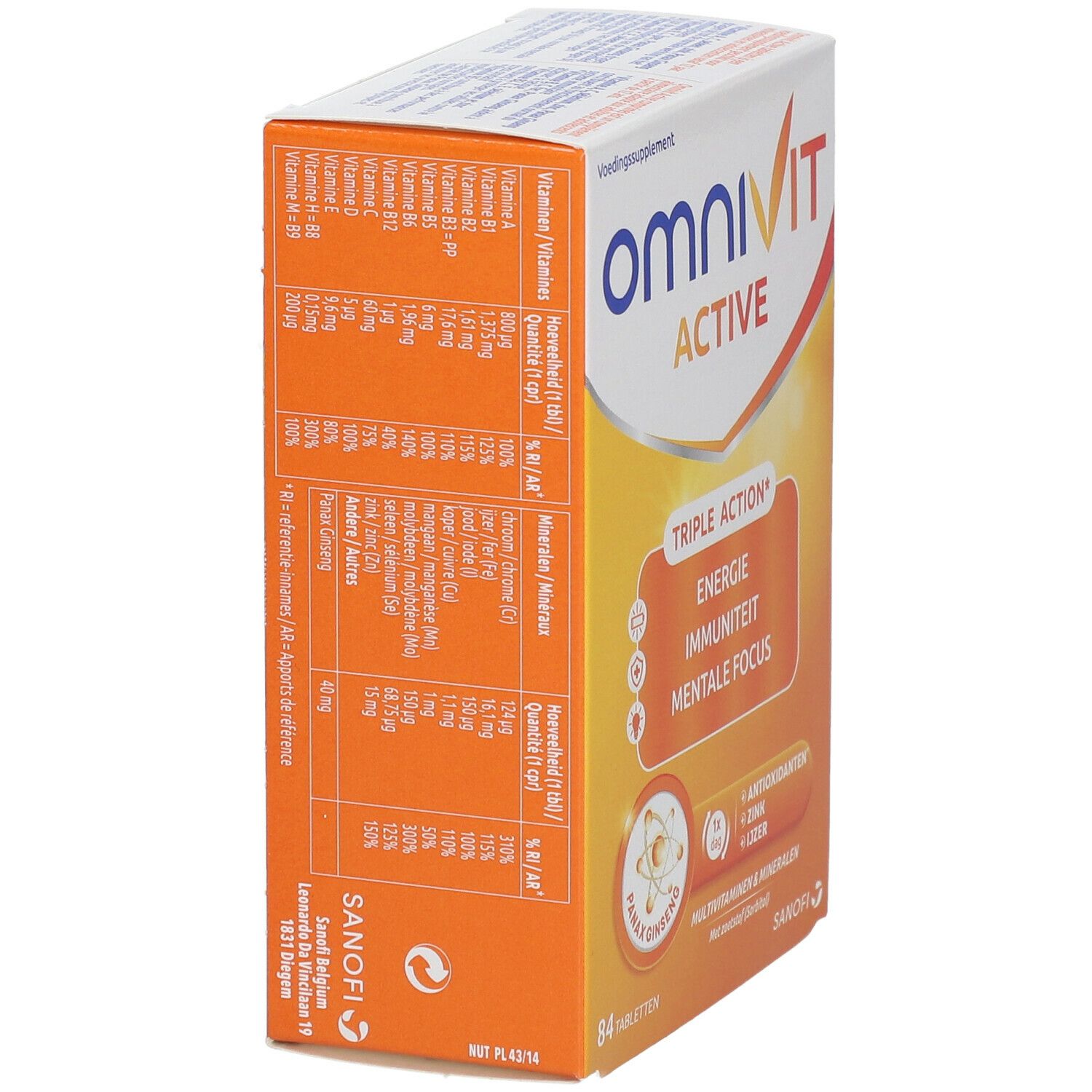 Zijaanzicht van de OmniVit Active-verpakking. Oranje-witte doos met productinformatie. Tekst in meerdere talen. Sanofi-logo.