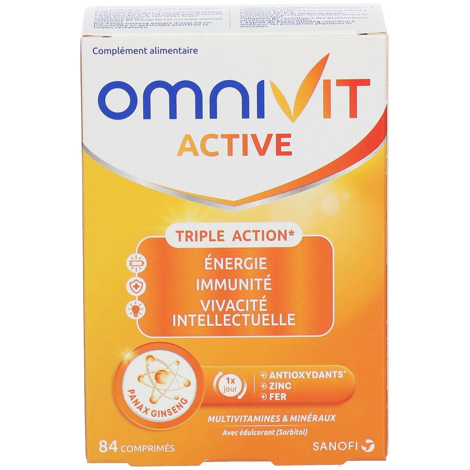 OmniVit Active-verpakking. Oranje-witte doos met productnaam en 'Triple Action'. Bevat 84 tabletten. Sanofi-logo.