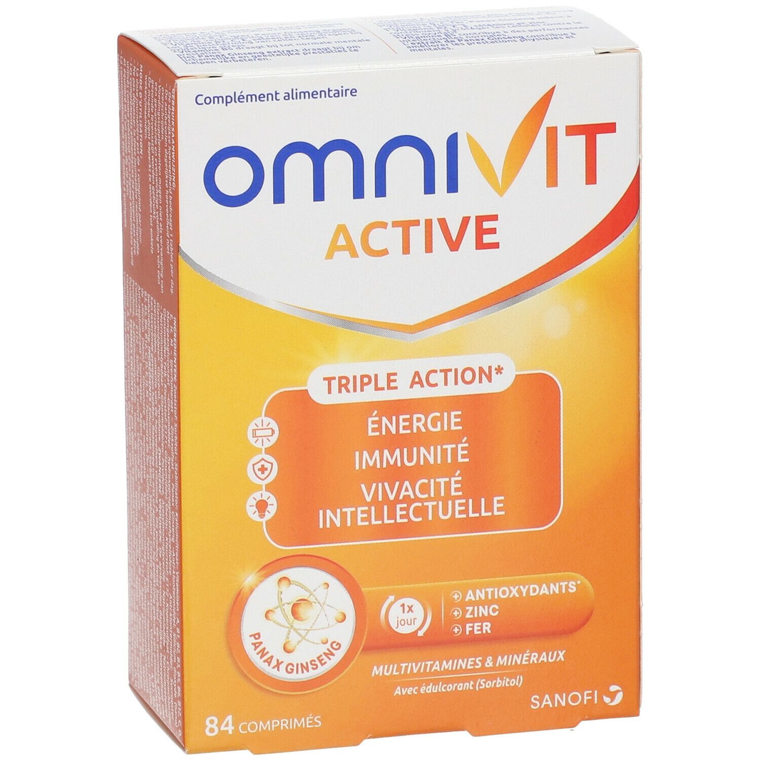 OmniVit Active-verpakking. Oranje-witte doos met productnaam en 'Triple Action'. Bevat 84 tabletten. Sanofi-logo.