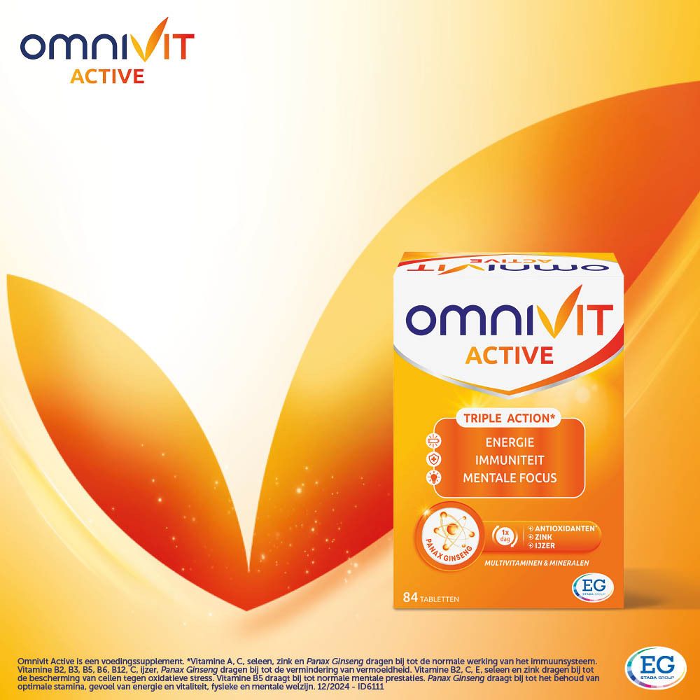 OmniVit Active-verpakking op oranje achtergrond. Productnaam en 'Triple Action' duidelijk zichtbaar. EG-logo.