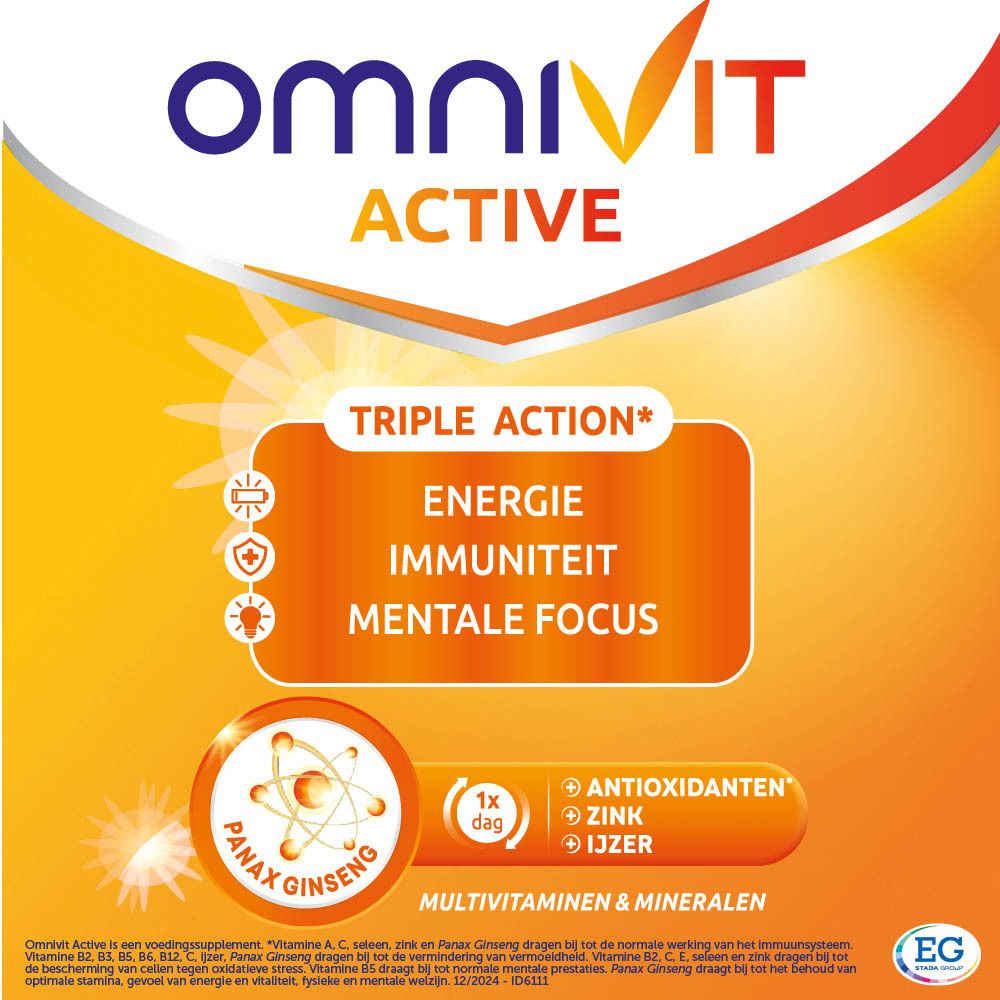 OmniVit Active-verpakking op oranje achtergrond. Productnaam en 'Triple Action' duidelijk zichtbaar. EG-logo.