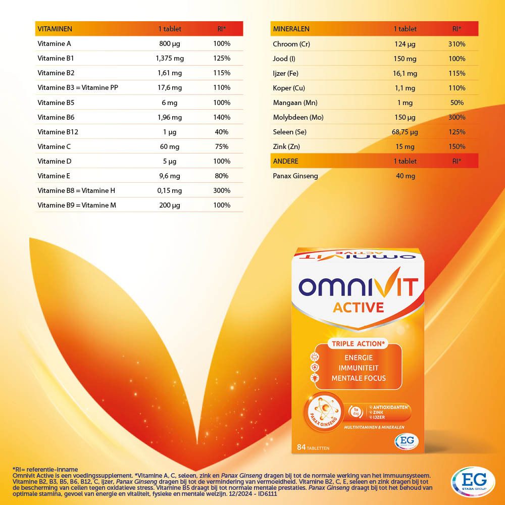 OmniVit Active-verpakking met voedingsinformatie. Oranje achtergrond. Productnaam en 'Triple Action' zichtbaar. EG-logo.