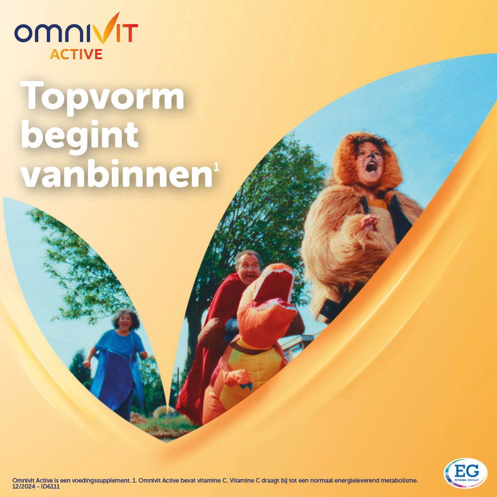 Reclamebeeld met OmniVit Active-verpakking. Oranje achtergrond met tekst en figuren. EG-logo.