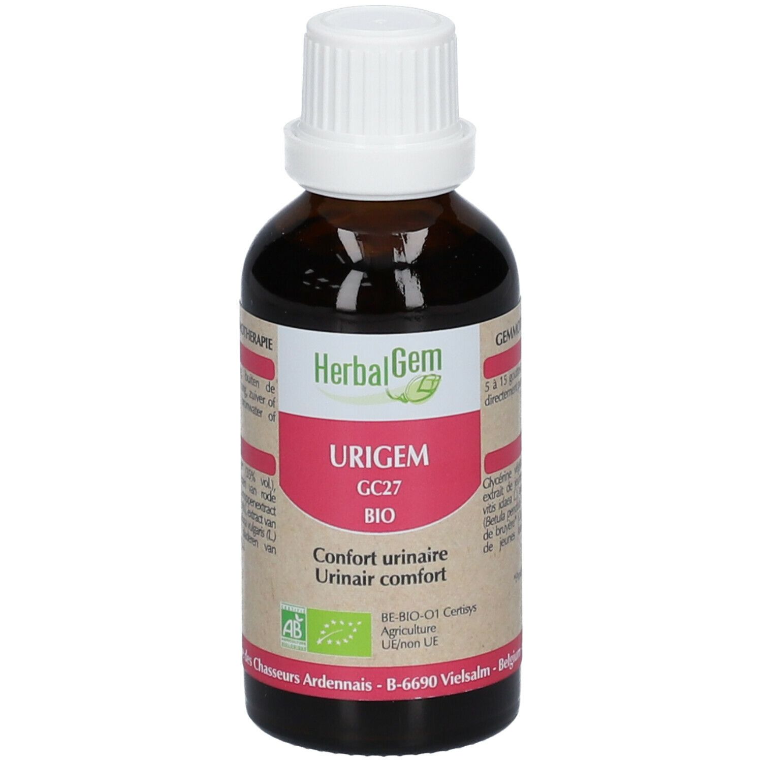 Flacon en verre brun avec bouchon blanc. Étiquette "HerbalGem URIGEM GC27 BIO".